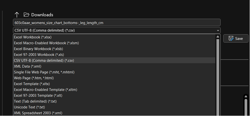 File Type dropdown with CSV UTF-8 highlighted